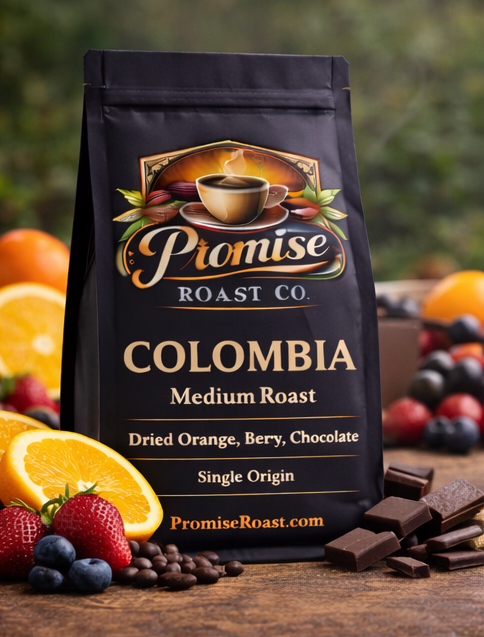 Coffee bag from Promise Roast Co with fruits and chocolate on a wooden surface