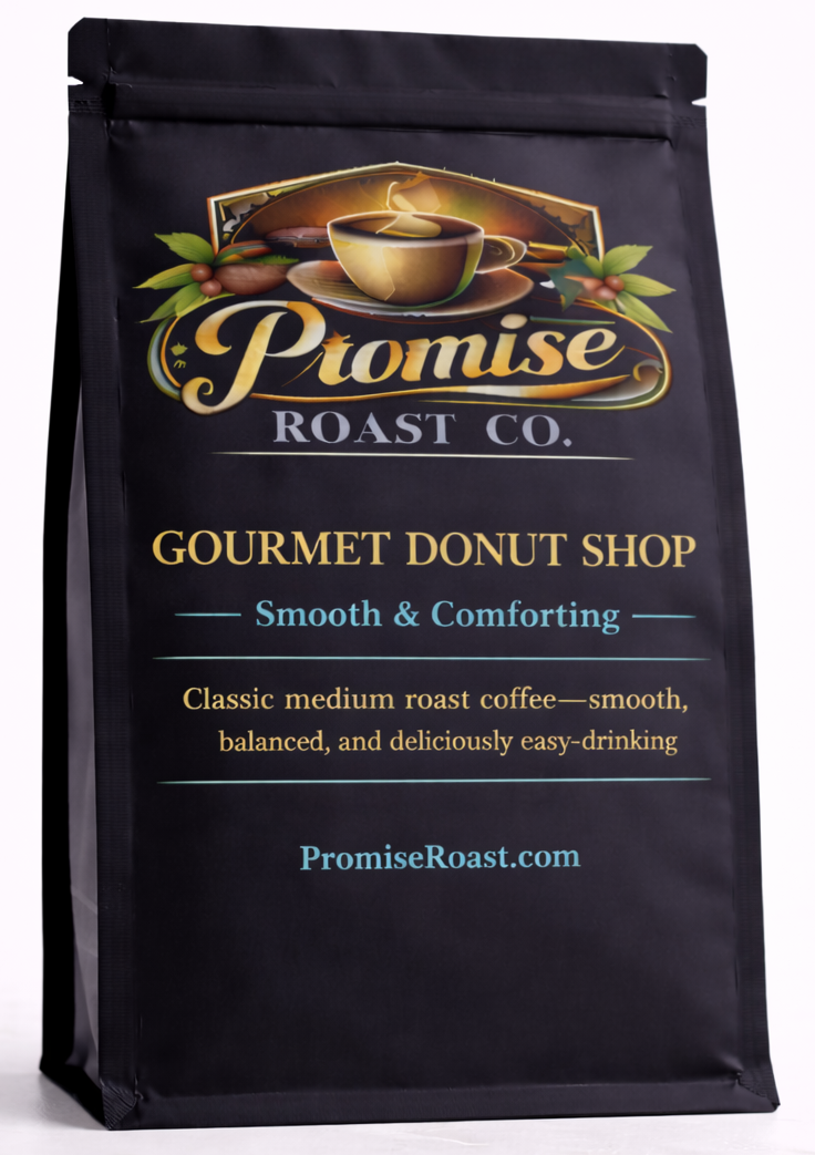 Coffee bag from Promise Roast Co. with branding and product description on a white background