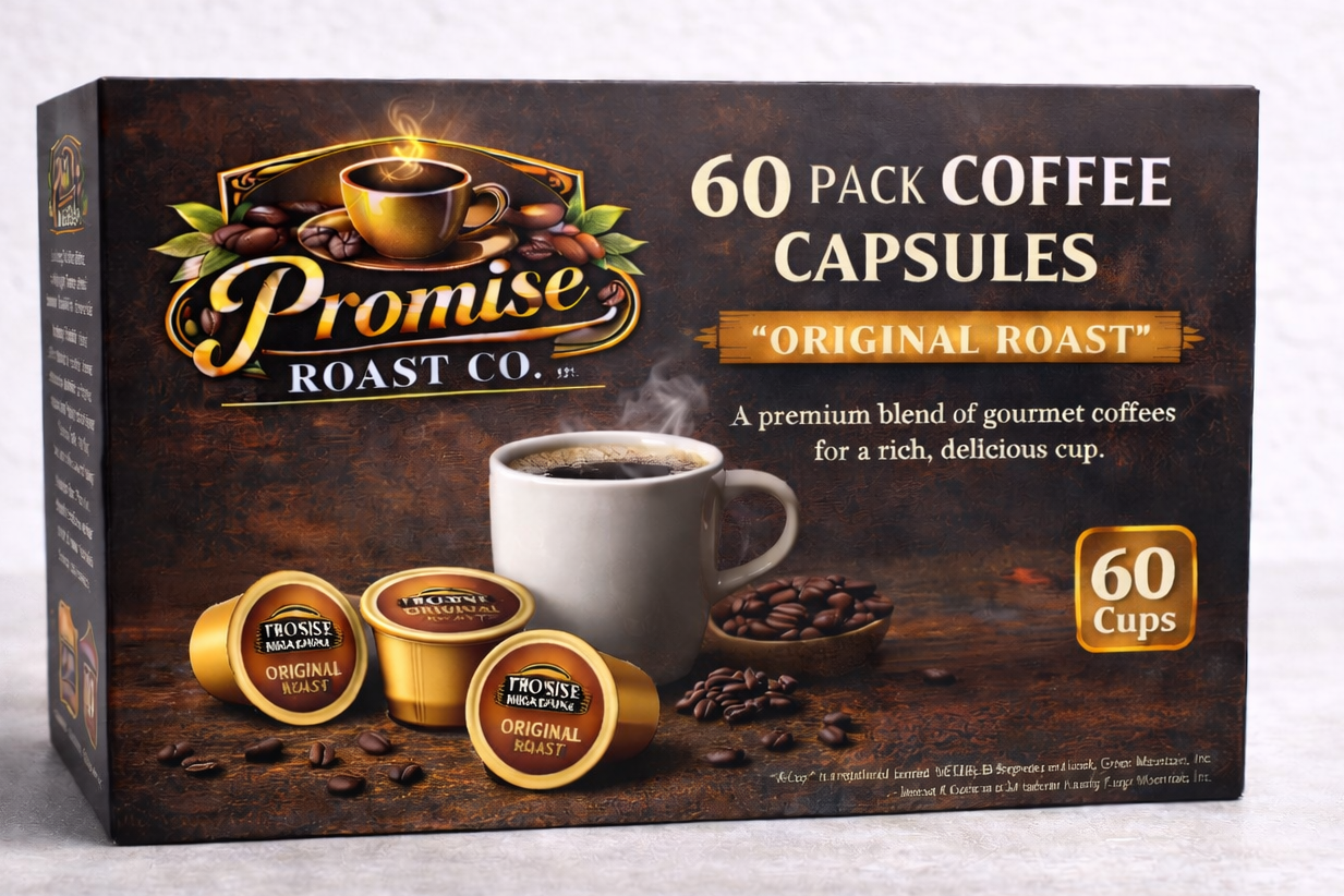 Box of Promise Roast Co. coffee capsules on a textured surface