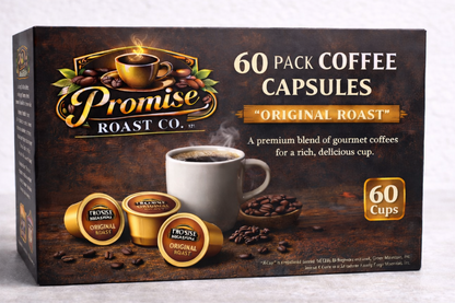 Box of Promise Roast Co. coffee capsules on a textured surface