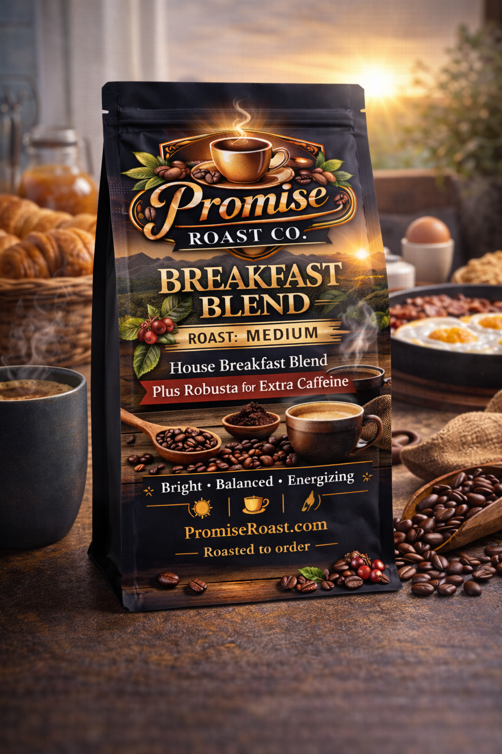 Promise Roast Co. Breakfast Blend coffee package with a breakfast setting in the background