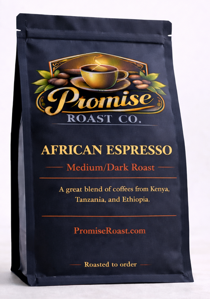 Coffee bag from Promise Roast Co. with 'African Espresso' label on a white background