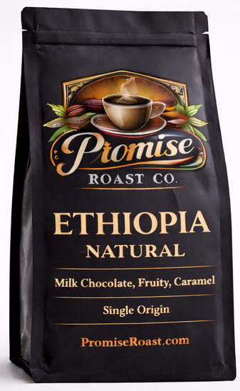 Coffee bag from Promise Roast Co. with Ethiopia Natural flavor description on a white background