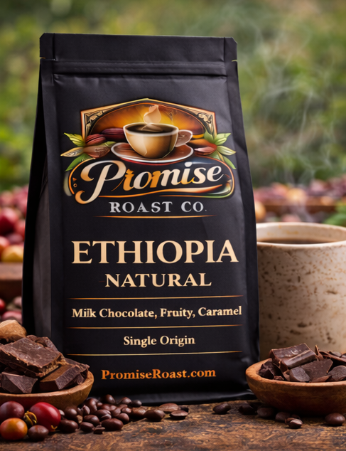 Promise Roast Co. Ethiopia Natural coffee bag with coffee beans and chocolate on a wooden surface.