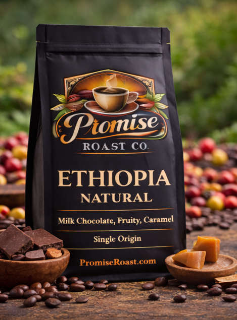 Coffee bag from Promise Roast Co with coffee beans and chocolate on a wooden surface
