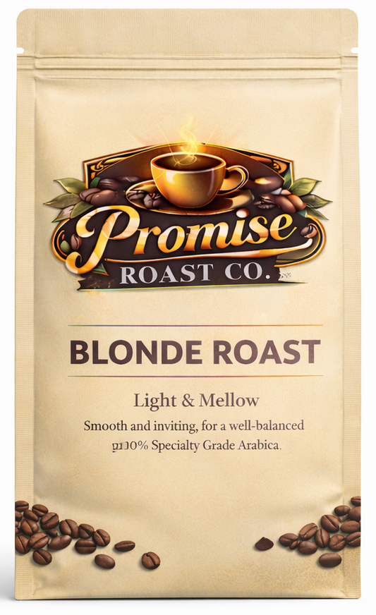 Coffee bag labeled 'Promise Roast Co. Blonde Roast' on a white background