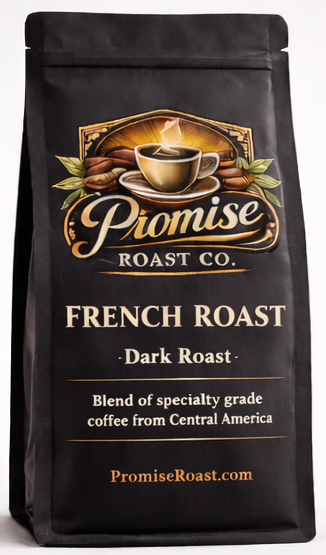 Black coffee bag labeled 'Promise Roast Co. French Roast' on a white background