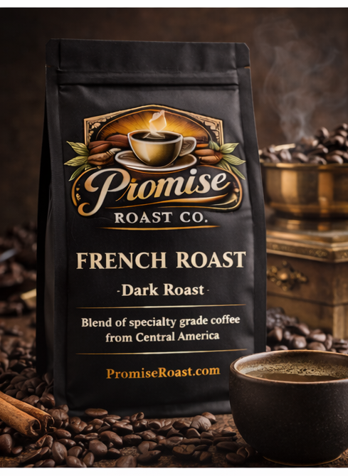 Coffee bag from Promise Roast Co. with coffee beans and a cup in the background
