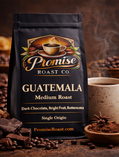 Coffee bag from Promise Roast Co. with coffee beans and a cup in the background