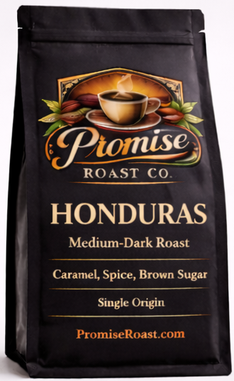 Coffee bag from Promise Roast Co. with Honduras label on a white background