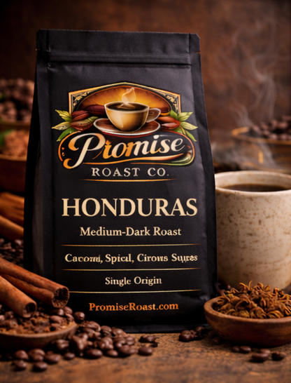 Coffee bag from Promise Roast Co with coffee beans and cinnamon sticks on a wooden surface