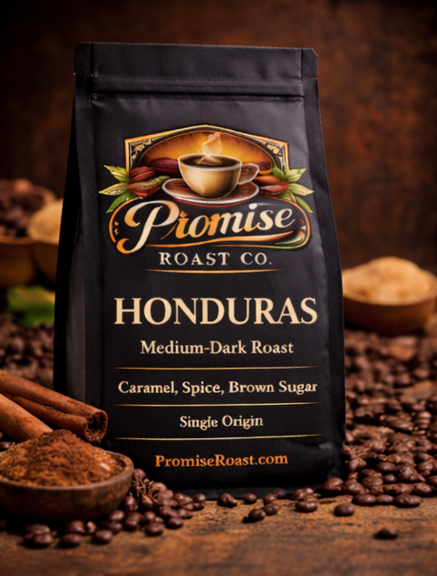 Coffee bag from Promise Roast Co. with coffee beans and cinnamon on a wooden surface