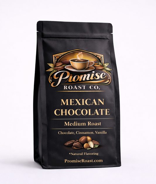 Bag of Promise Roast Co. Mexican Chocolate coffee on a white background