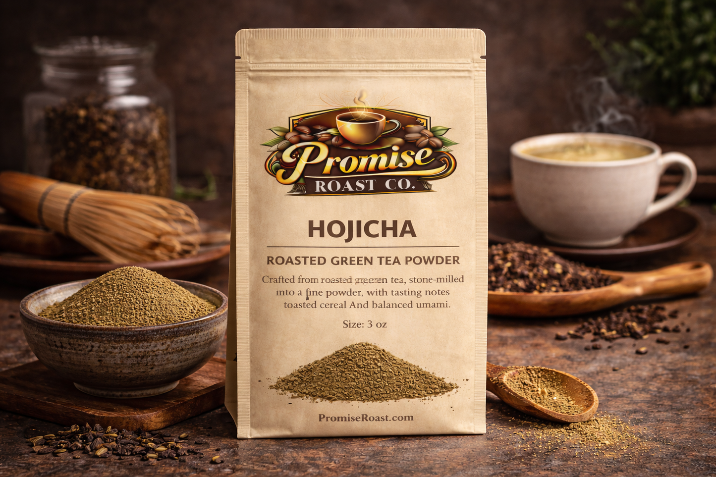 Package of Promise Roast Co. Hojicha roasted green tea powder with a cup and tea leaves in the background.