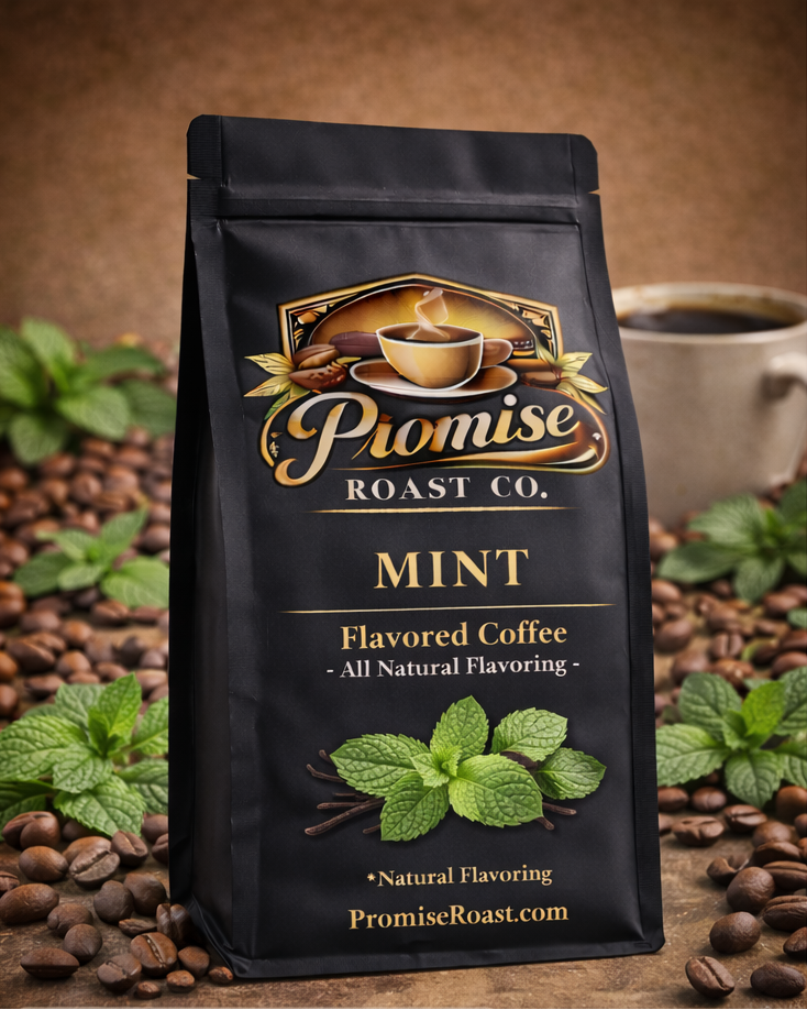 Promise Roast Co. Mint Flavored Coffee package on a white background and with coffee beans and mint leaves.
