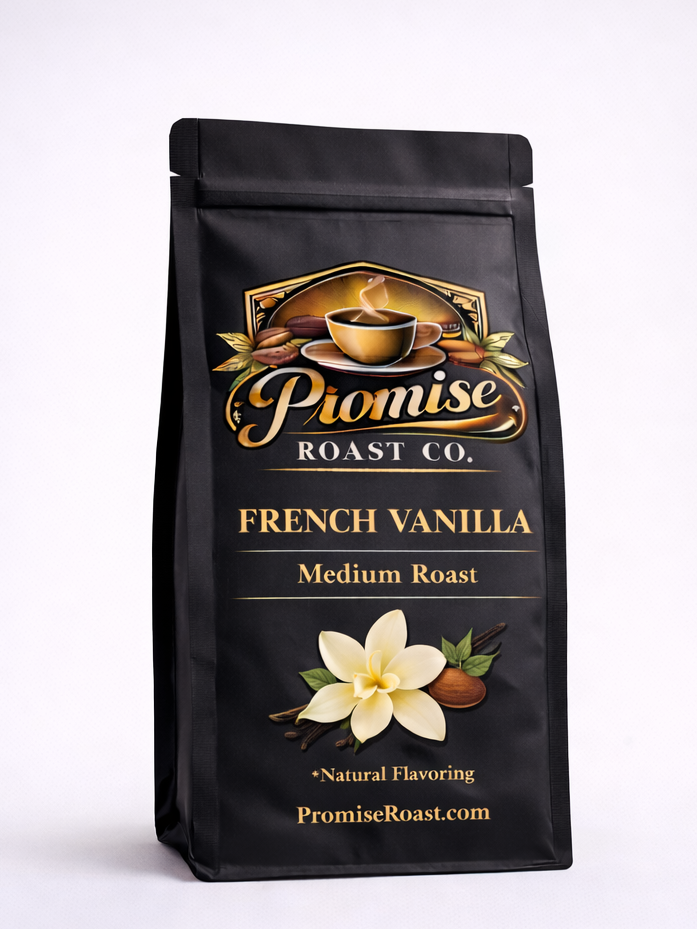 Two images of a 'Promise Roast Co. French Vanilla' coffee bag, one on a white background and one on a wooden surface with coffee beans and flowers.