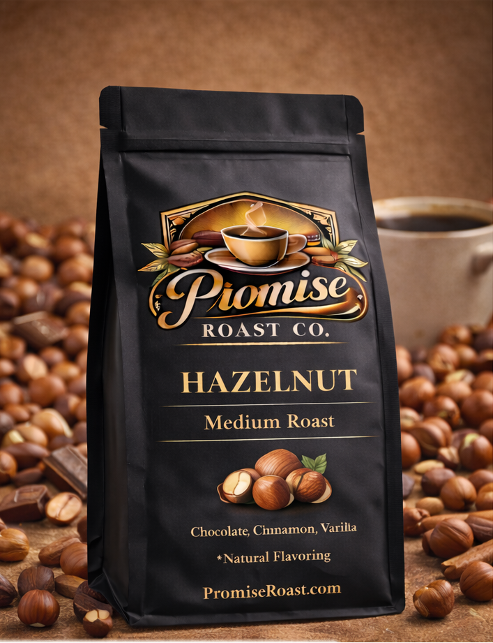 Promise Roast Co. Hazelnut coffee bag with hazelnuts on a wooden surface