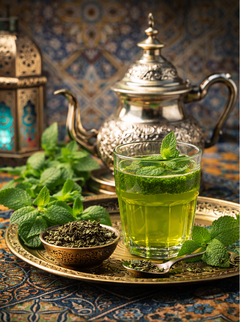 Tea package labeled 'Promise Roast Co. Moroccan Mint' next to a cup of green tea with mint leaves on a decorative tray.