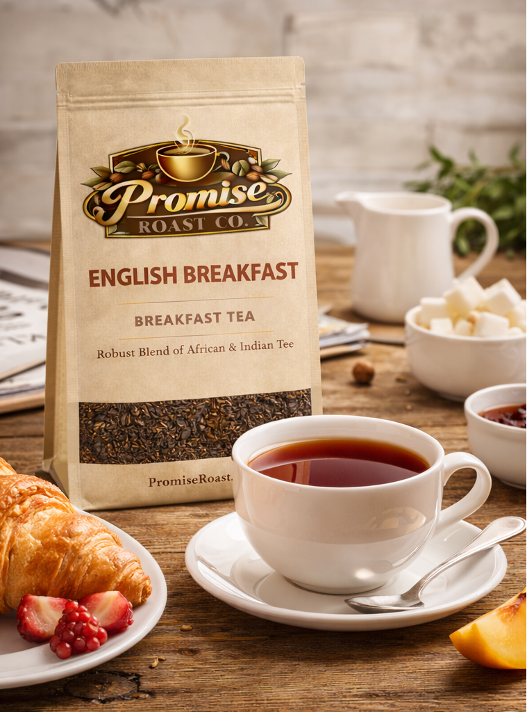 Two packages of Promise Roast Co. English Breakfast tea with a cup of tea and croissant on a wooden table.