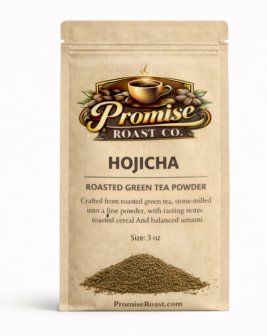Package of Promise Roast Co. Hojicha roasted green tea powder on a white background