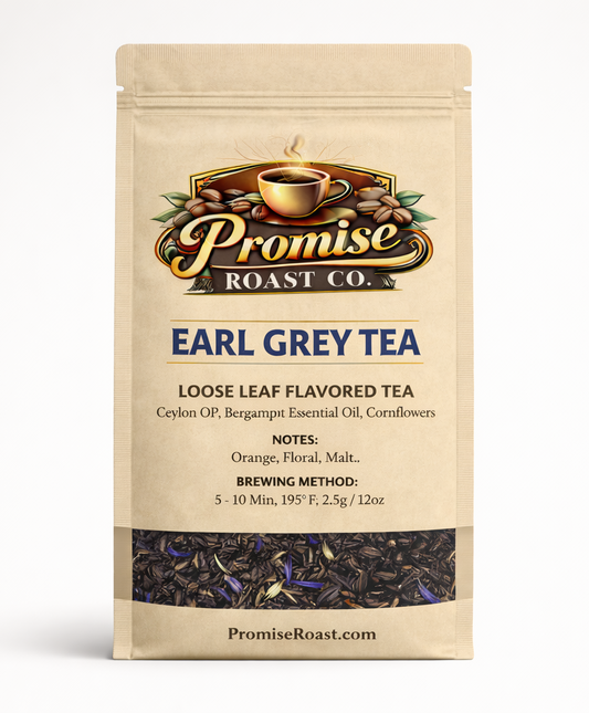 Tea package with 'Promise Roast Co.' branding on a white background