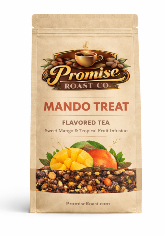 Two packages of Promise Roast Co. Mango Treat flavored tea with a glass of iced tea and mangoes on a wooden surface.