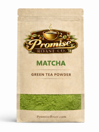 Package of Promise Roast Co. Matcha green tea powder on a white background