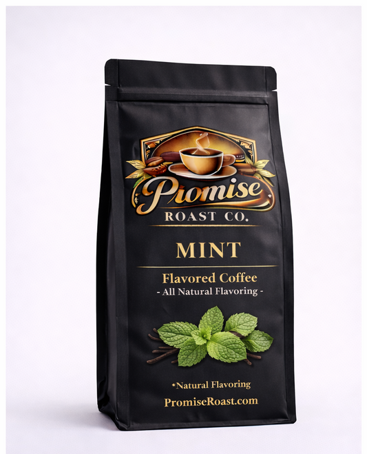 Black coffee bag with 'Promise Roast Co.' branding and mint flavor description on a white background