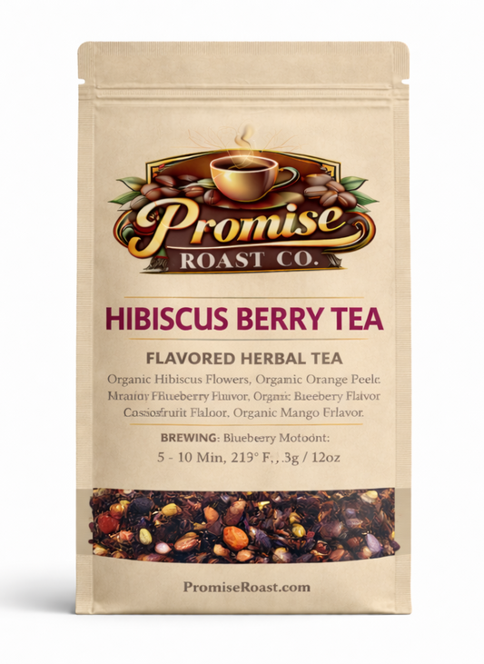 Tea package from Promise Roast Co. with hibiscus berry tea flavor on a white background