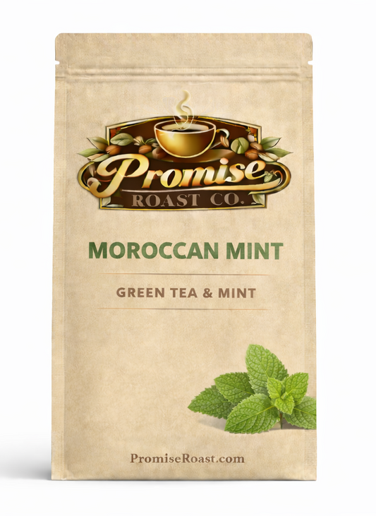 Tea bag packaging with 'Promise Roast Co.' branding and 'Moroccan Mint' flavor description.