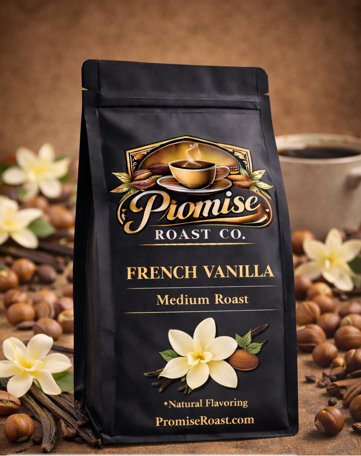 Two images of a 'Promise Roast Co. French Vanilla' coffee bag, one on a white background and one on a wooden surface with coffee beans and flowers.