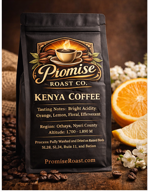 Promise Roast Co. Kenya Coffee package with coffee beans, oranges, and flowers on a wooden surface.