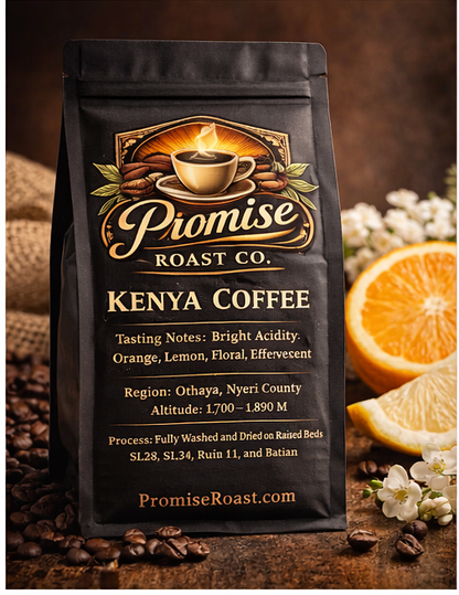 Promise Roast Co. Kenya Coffee package with coffee beans, oranges, and flowers on a wooden surface.