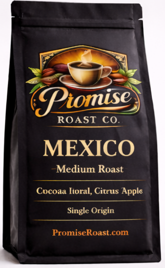 Coffee bag from Promise Roast Co. with 'Mexico' and 'Medium Roast' text on a white background