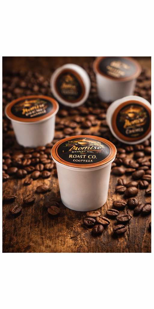 Promise Roast Co. coffee pods on a wooden surface with coffee beans