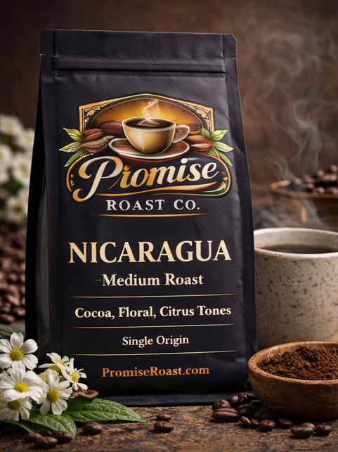 Coffee bag from Promise Roast Co. with coffee beans and flowers on a wooden surface