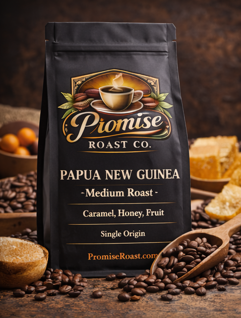 Coffee bag from Piomise Roast Co. on a wooden surface with coffee beans and a spoon.