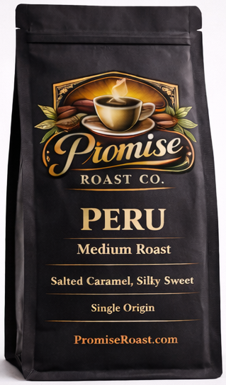 Black coffee bag from Promise Roast Co. with 'Peru' branding on a white background