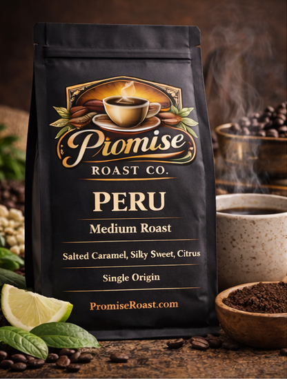 Coffee bag from Promise Roast Co. with coffee beans and a cup in the background