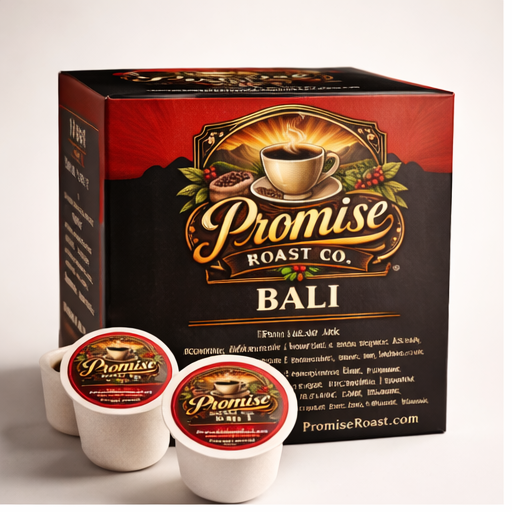 Box of Promise Roast Co. Bali coffee with three coffee pods in front