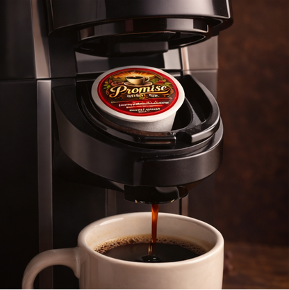 Coffee being brewed from a coffee maker with a Promise coffee pod.