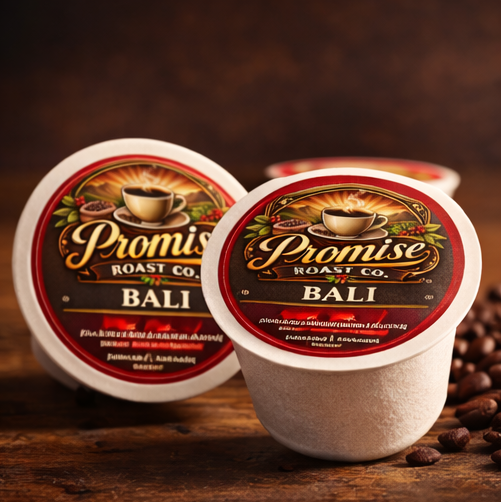 Two coffee pods from Promise Roast Co. with a Bali flavor on a wooden surface with coffee beans.