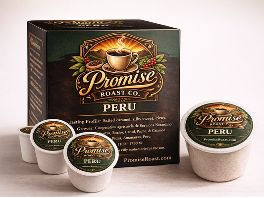 Promise Roast Co. Peru coffee packaging including a box and multiple coffee pods on a light background.