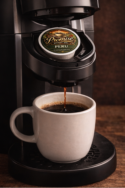 Coffee being brewed from a Keurig machine into a white mug with a 'Promise Peru' coffee pod.