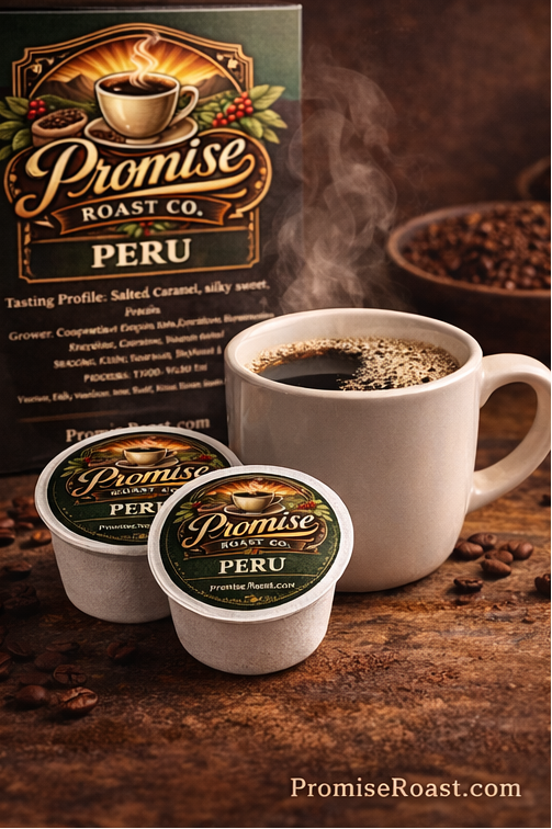 Promise Roast Co. Peru coffee packaging with a steaming cup of coffee and coffee beans on a wooden surface.