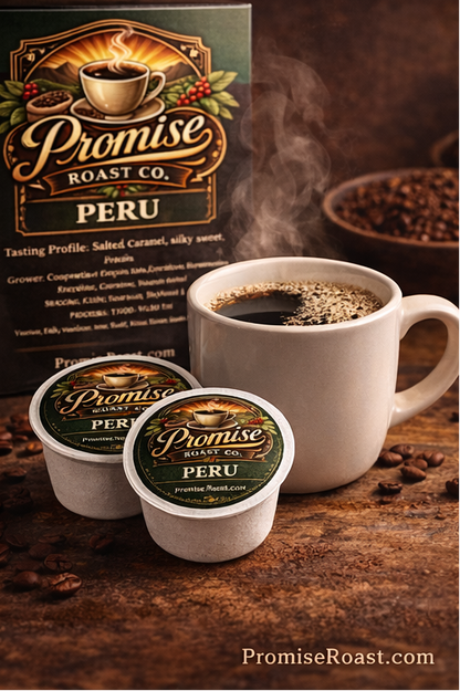 Promise Roast Co. Peru coffee packaging with a steaming cup of coffee and coffee beans on a wooden surface.