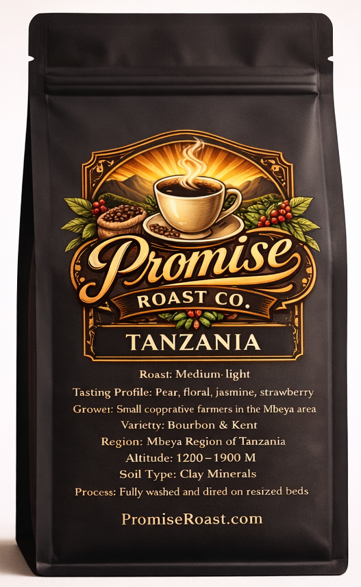 Coffee bag from Promise Roast Co. with decorative label on a white background