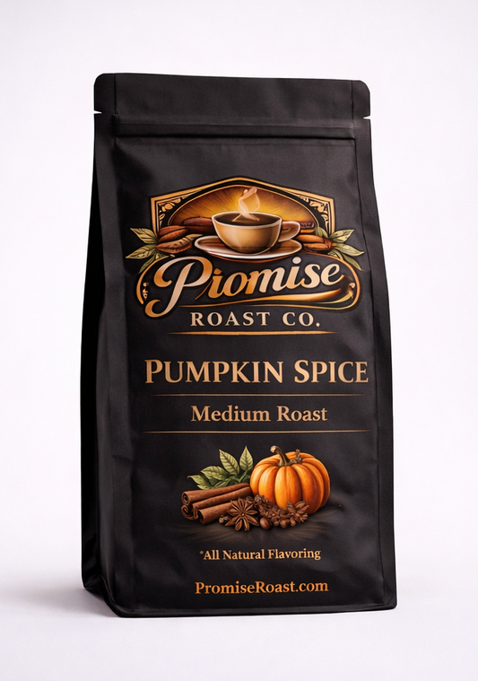 Pumpkin spice coffee bag from Promise Roast Co. on a white background