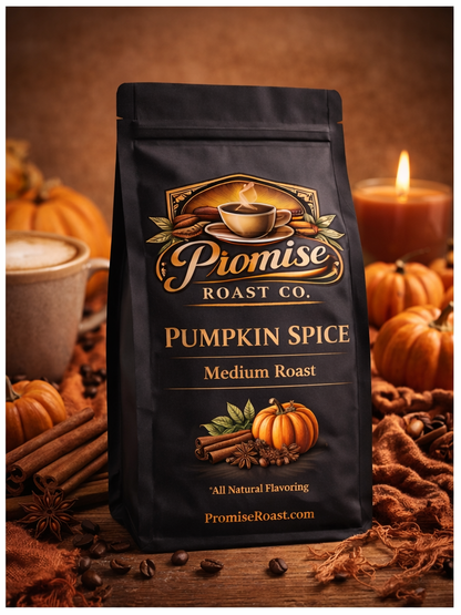 Pumpkin Spice coffee bag from Pionise Roast Co. with pumpkins and cinnamon sticks in the background.
