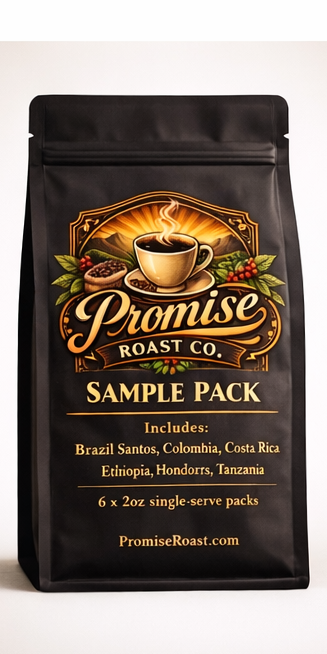 Black coffee sample pack with 'Promise Roast Co.' branding on a white background
